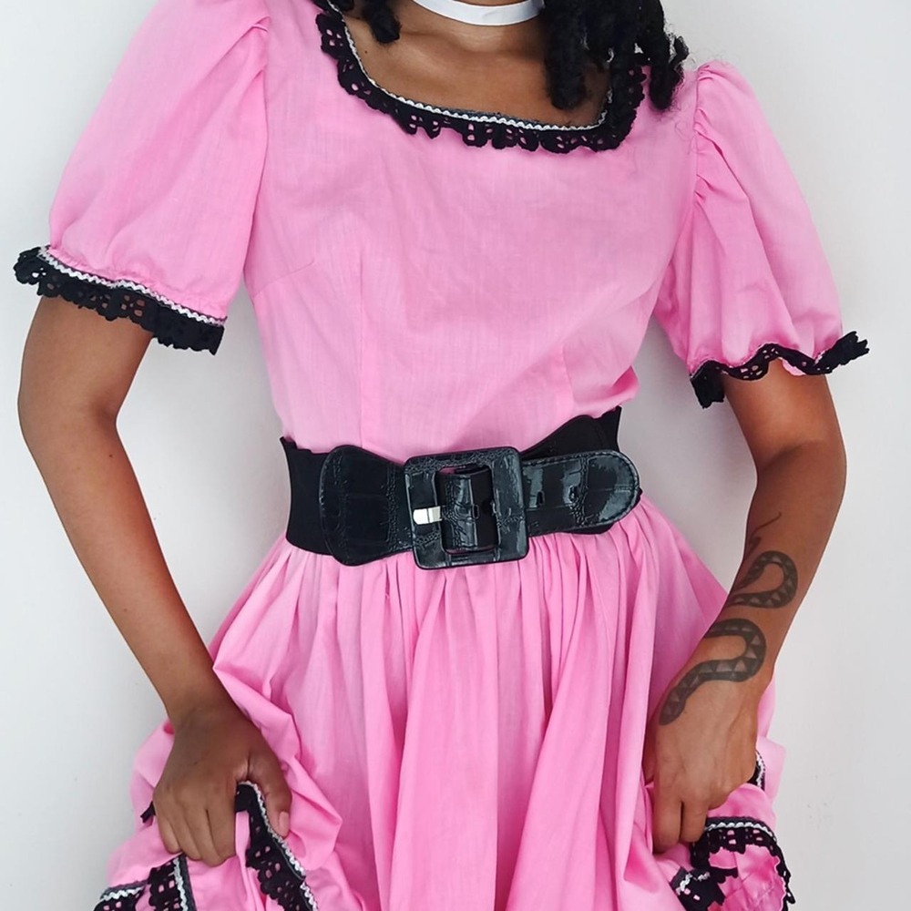 Handmade Pink Square Dance Prairie Dress with Black Eyelet Trim - Picture 2 of 4
